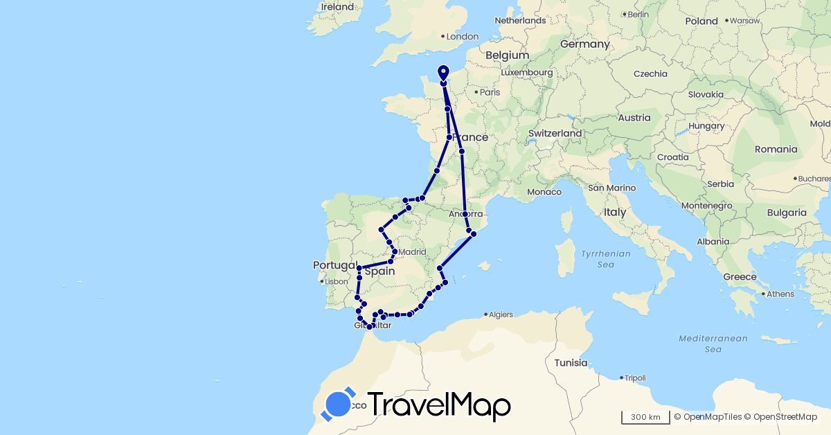 TravelMap itinerary: driving in Andorra, Spain, France, Gibraltar (Europe)